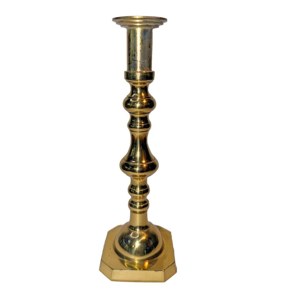 VTG Solid Brass Candlestick Holder 10.5" Baluster Stem Octagonal Base Hong Kong